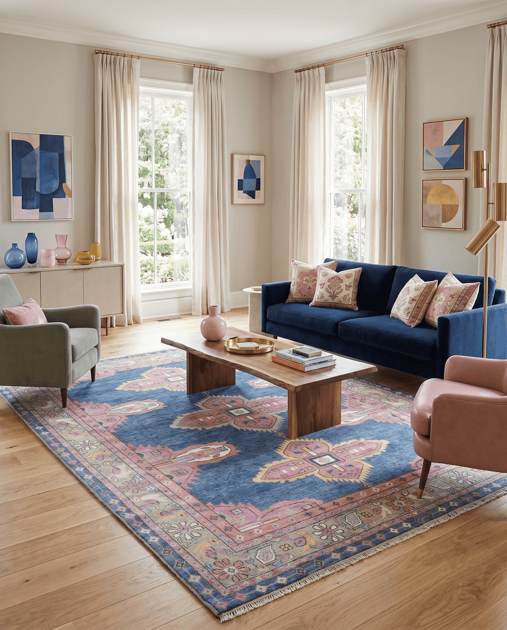 Hand Knotted Blue, Silver and Pink Traditional Heriz Serapi Wool Rug, Living Room and Bedroom Rug - The Rug Decor