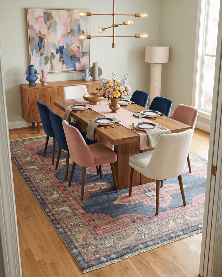 Hand Knotted Blue, Silver and Pink Traditional Heriz Serapi Wool Rug, Living Room and Bedroom Rug - The Rug Decor