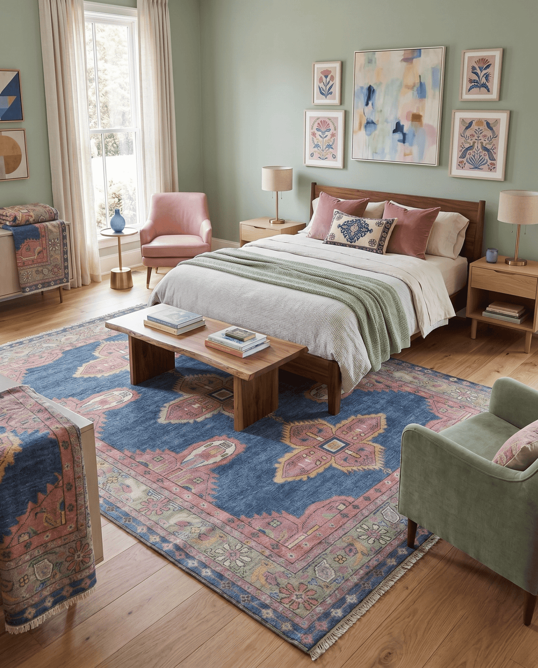 Hand Knotted Blue, Silver and Pink Traditional Heriz Serapi Wool Rug, Living Room and Bedroom Rug - The Rug Decor