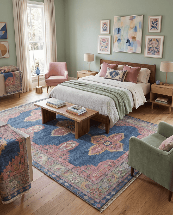 Hand Knotted Blue, Silver and Pink Traditional Heriz Serapi Wool Rug, Living Room and Bedroom Rug - The Rug Decor