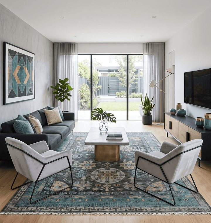 Hand Knotted Charcoal, and Aqua Oriental Khotan Multi Size Traditional Wool Area Rug - The Rug Decor
