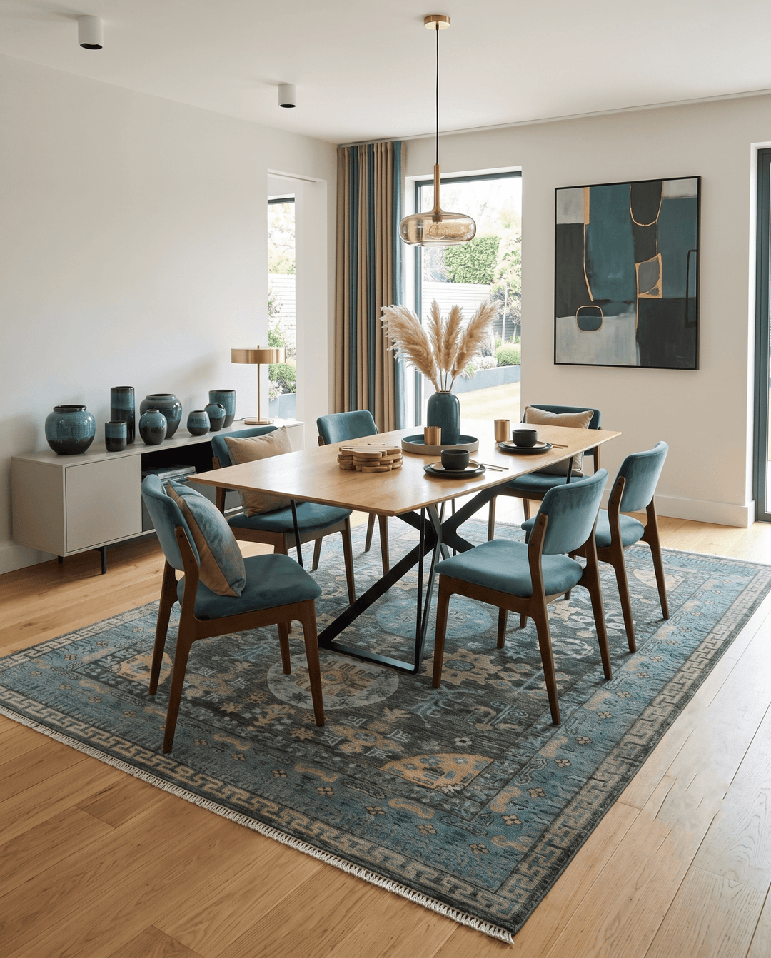 Hand Knotted Charcoal, and Aqua Oriental Khotan Multi Size Traditional Wool Area Rug - The Rug Decor