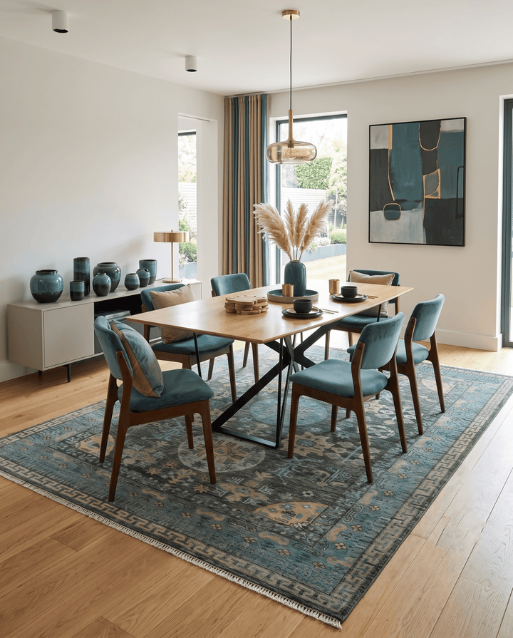 Hand Knotted Charcoal, and Aqua Oriental Khotan Multi Size Traditional Wool Area Rug - The Rug Decor