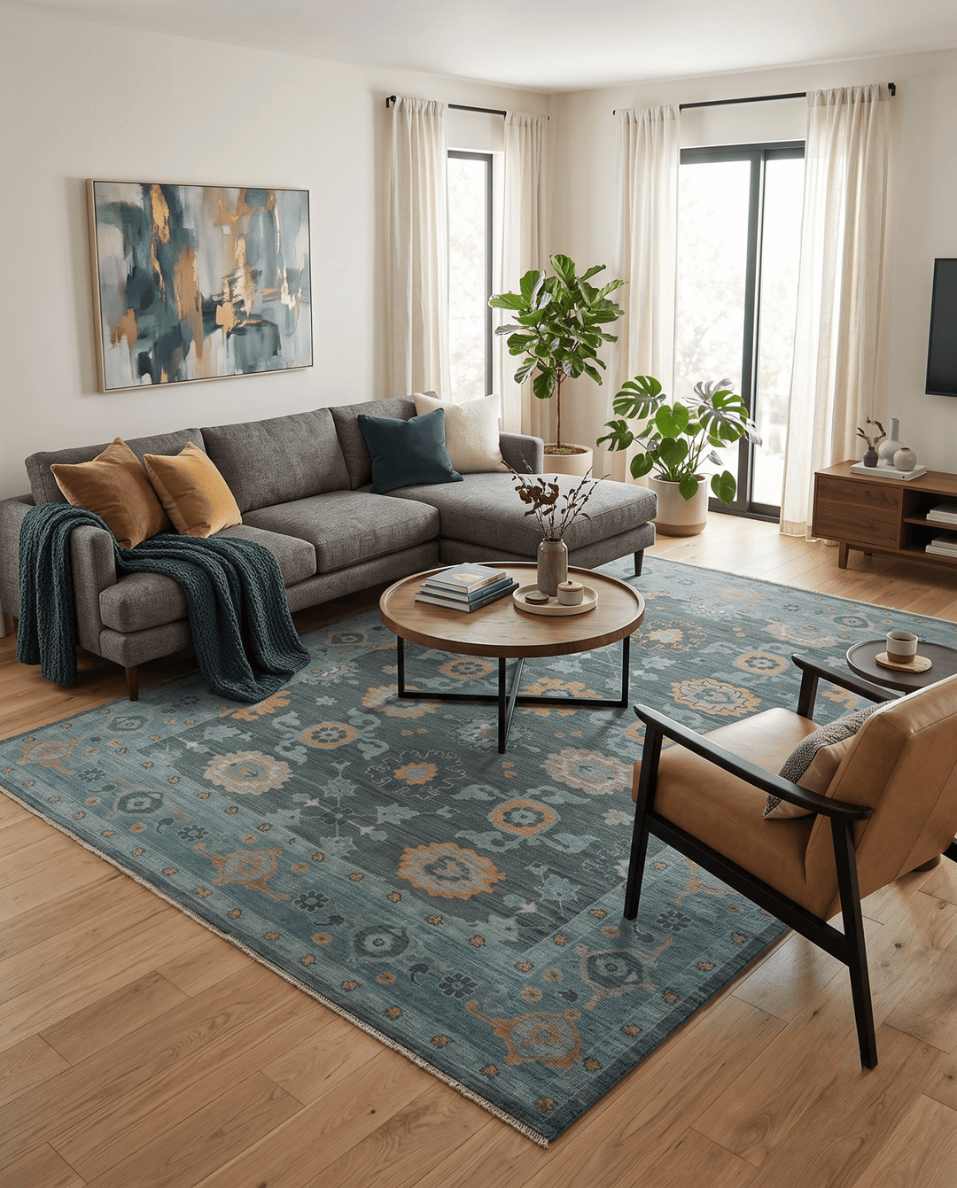 Hand Knotted Charcoal and Aqua Traditional Multi Size Oushak Wool Area Rug - The Rug Decor