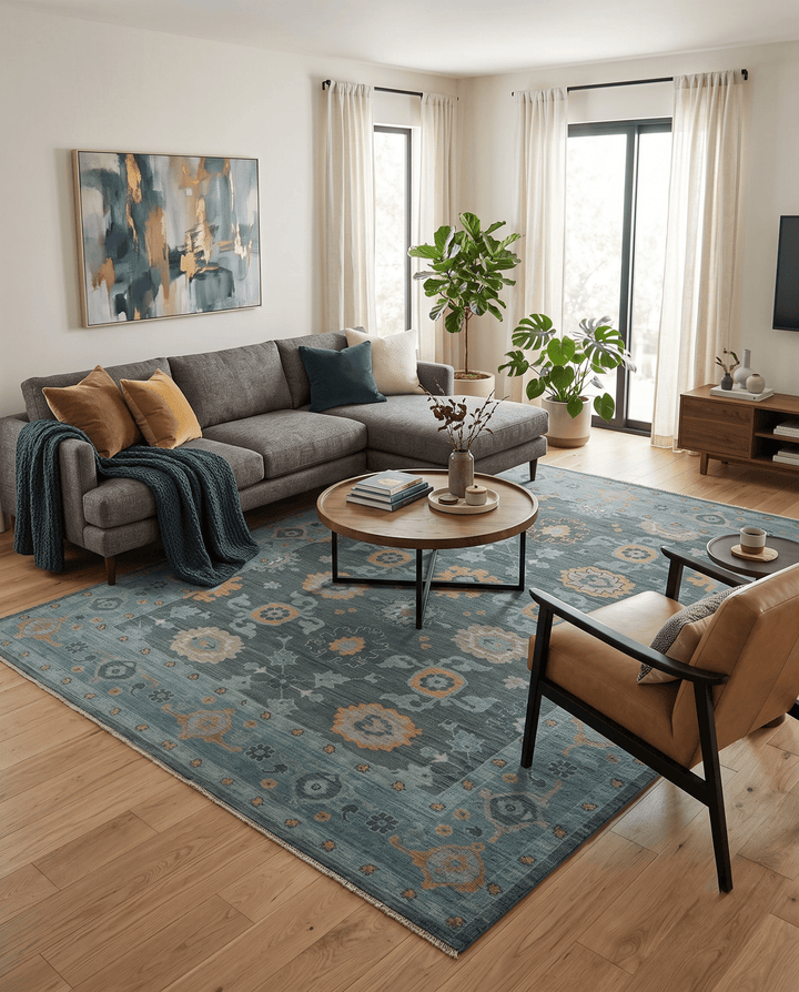 Hand Knotted Charcoal and Aqua Traditional Multi Size Oushak Wool Area Rug - The Rug Decor