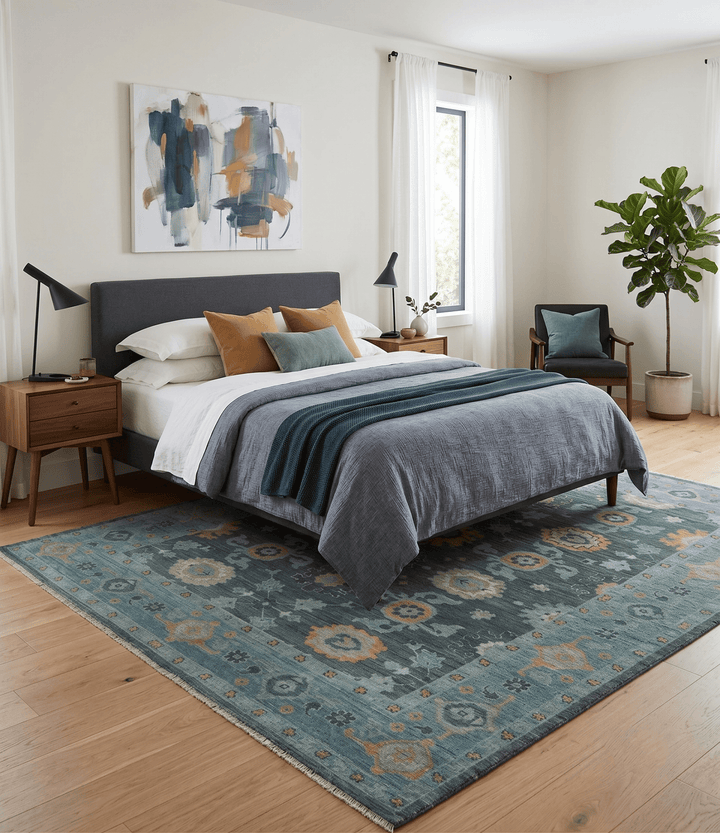 Hand Knotted Charcoal and Aqua Traditional Multi Size Oushak Wool Area Rug - The Rug Decor