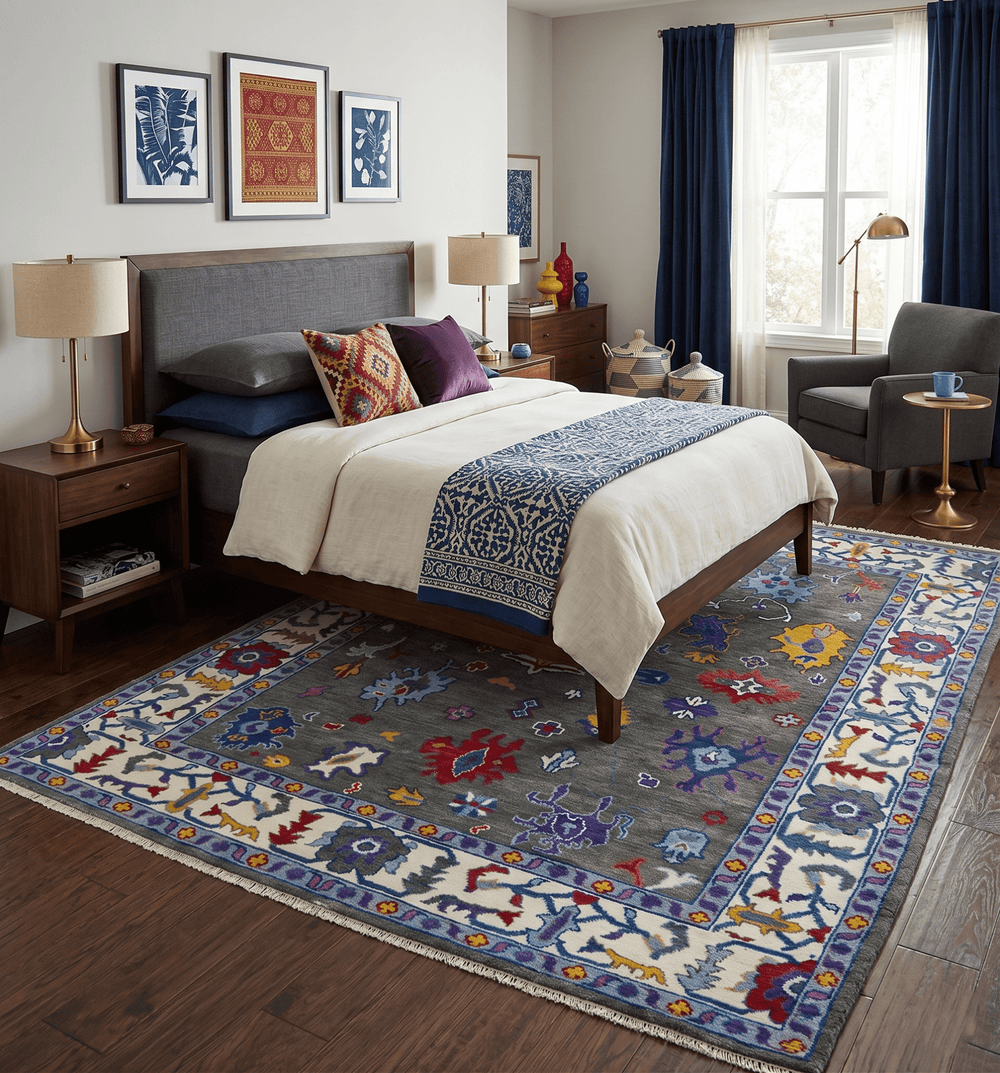 Hand Knotted Charcoal and Ivory Traditional Oushak Style Wool Rug - The Rug Decor