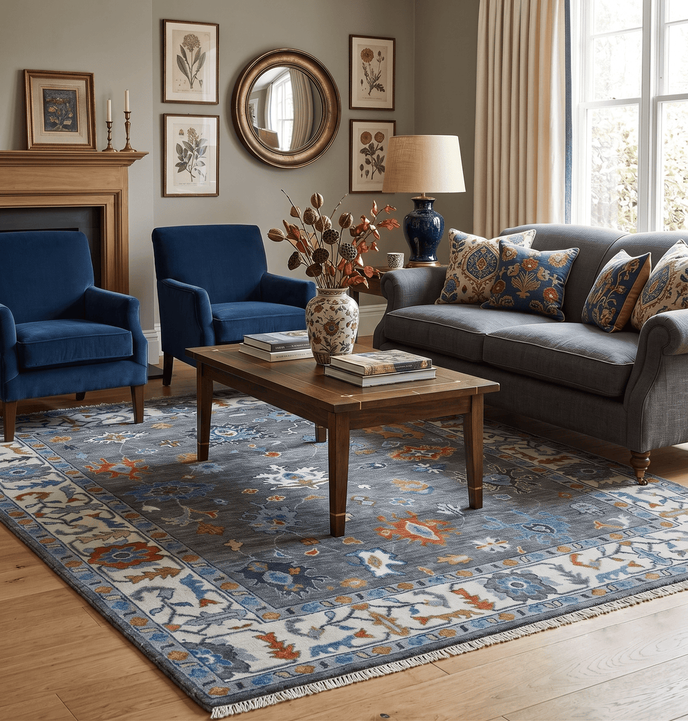 Hand Knotted Charcoal And Ivory Traditional Oushak Wool Area Rug - The Rug Decor