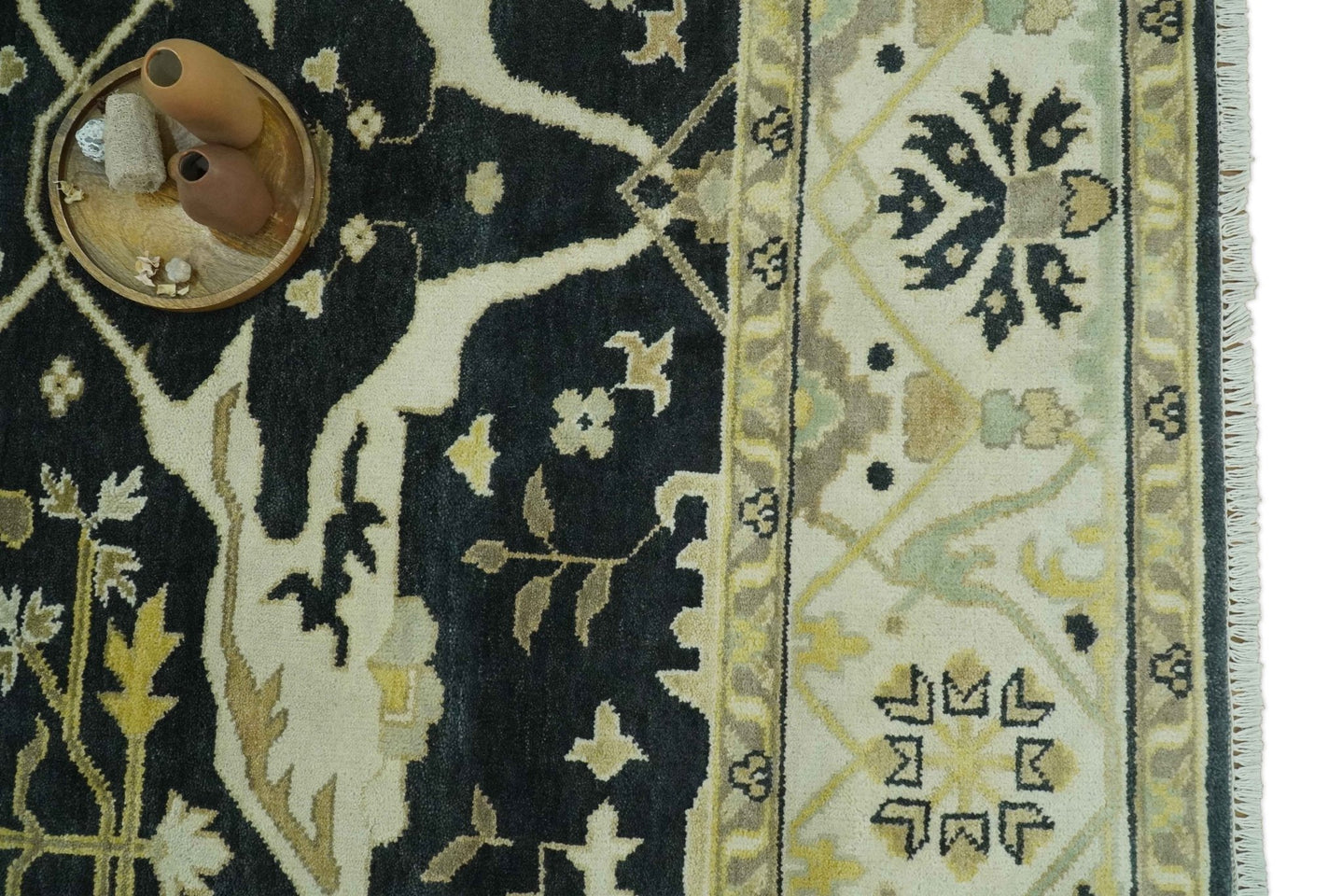 Hand Knotted Charcoal, Ivory and Olive Oriental Oushak 8x10 Wool Area Rug - The Rug Decor