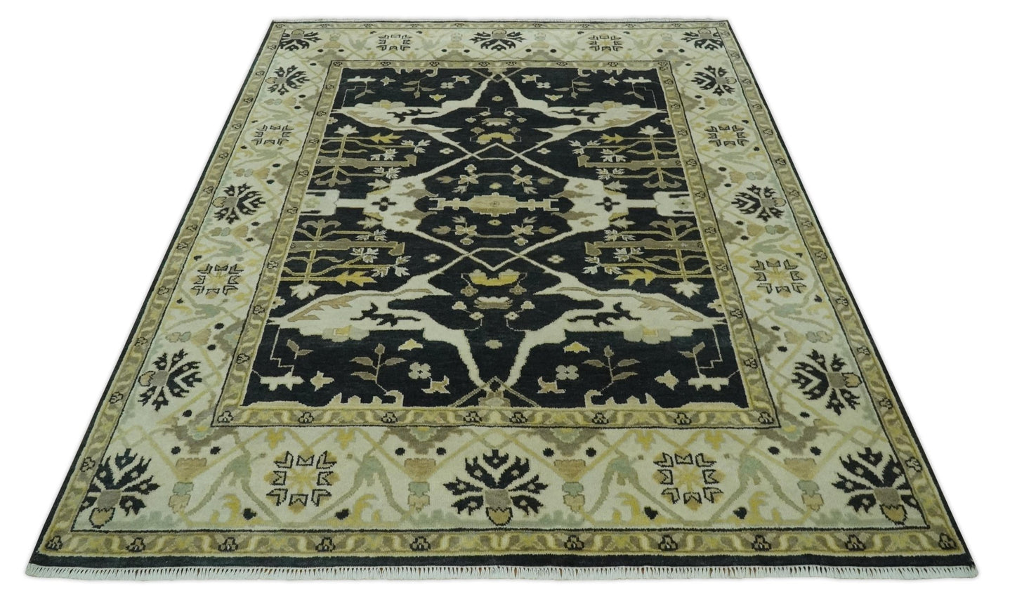 Hand Knotted Charcoal, Ivory and Olive Oriental Oushak 8x10 Wool Area Rug - The Rug Decor