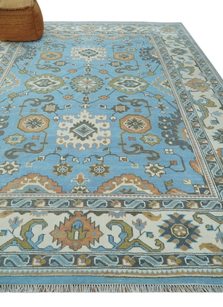 Hand Knotted Custom Made Blue and Ivory Traditional Oushak Wool Rug - The Rug Decor
