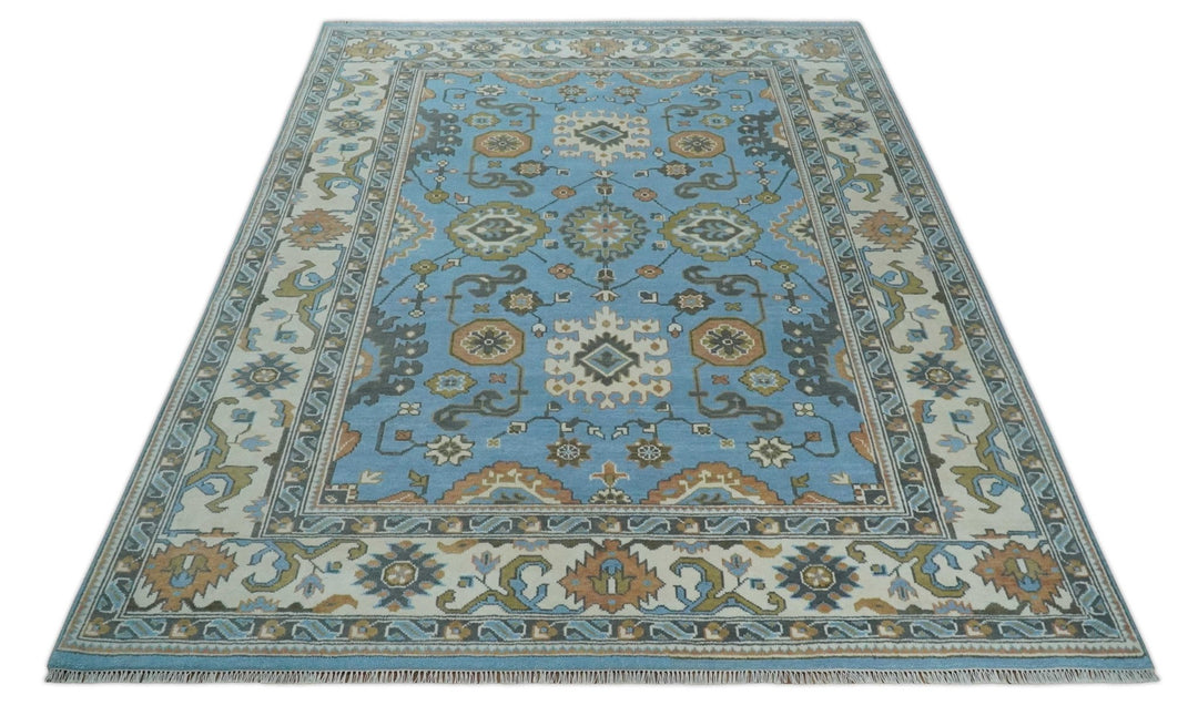 Hand Knotted Custom Made Blue and Ivory Traditional Oushak Wool Rug - The Rug Decor