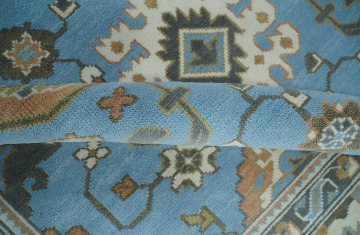 Hand Knotted Custom Made Blue and Ivory Traditional Oushak Wool Rug - The Rug Decor