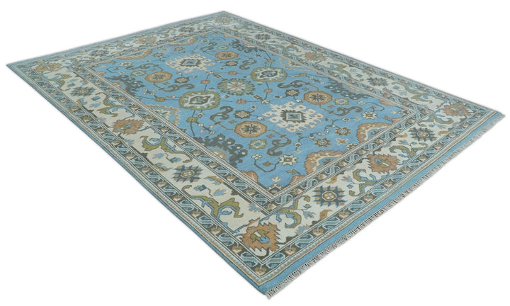 Hand Knotted Custom Made Blue and Ivory Traditional Oushak Wool Rug - The Rug Decor