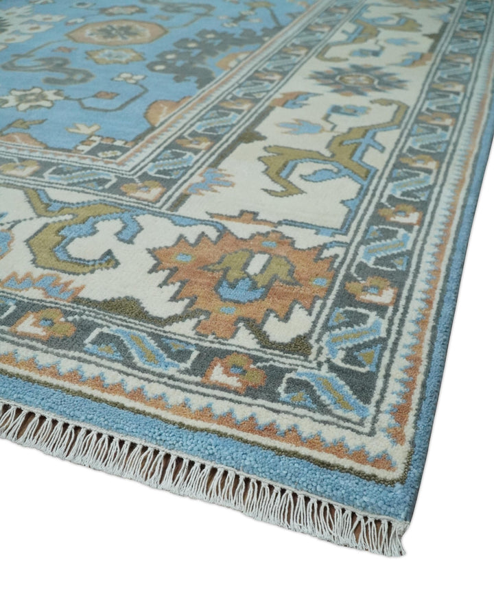 Hand Knotted Custom Made Blue and Ivory Traditional Oushak Wool Rug - The Rug Decor