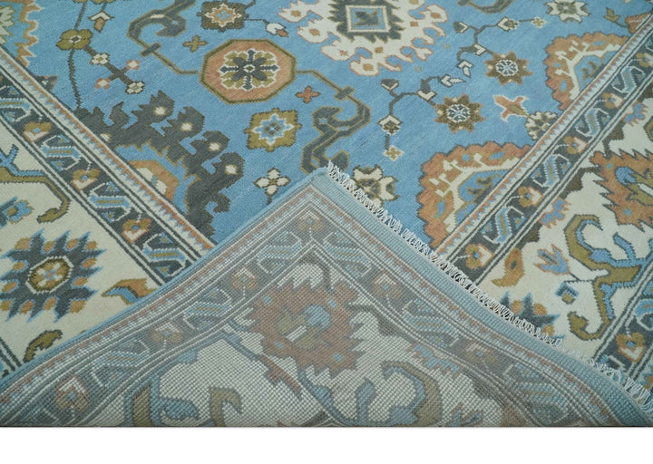 Hand Knotted Custom Made Blue and Ivory Traditional Oushak Wool Rug - The Rug Decor