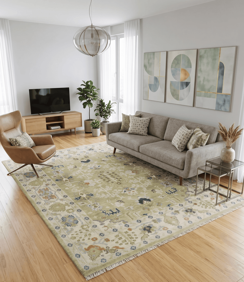 Hand Knotted Custom Made Olive, Silver and Beige Traditional Wool Rug - The Rug Decor