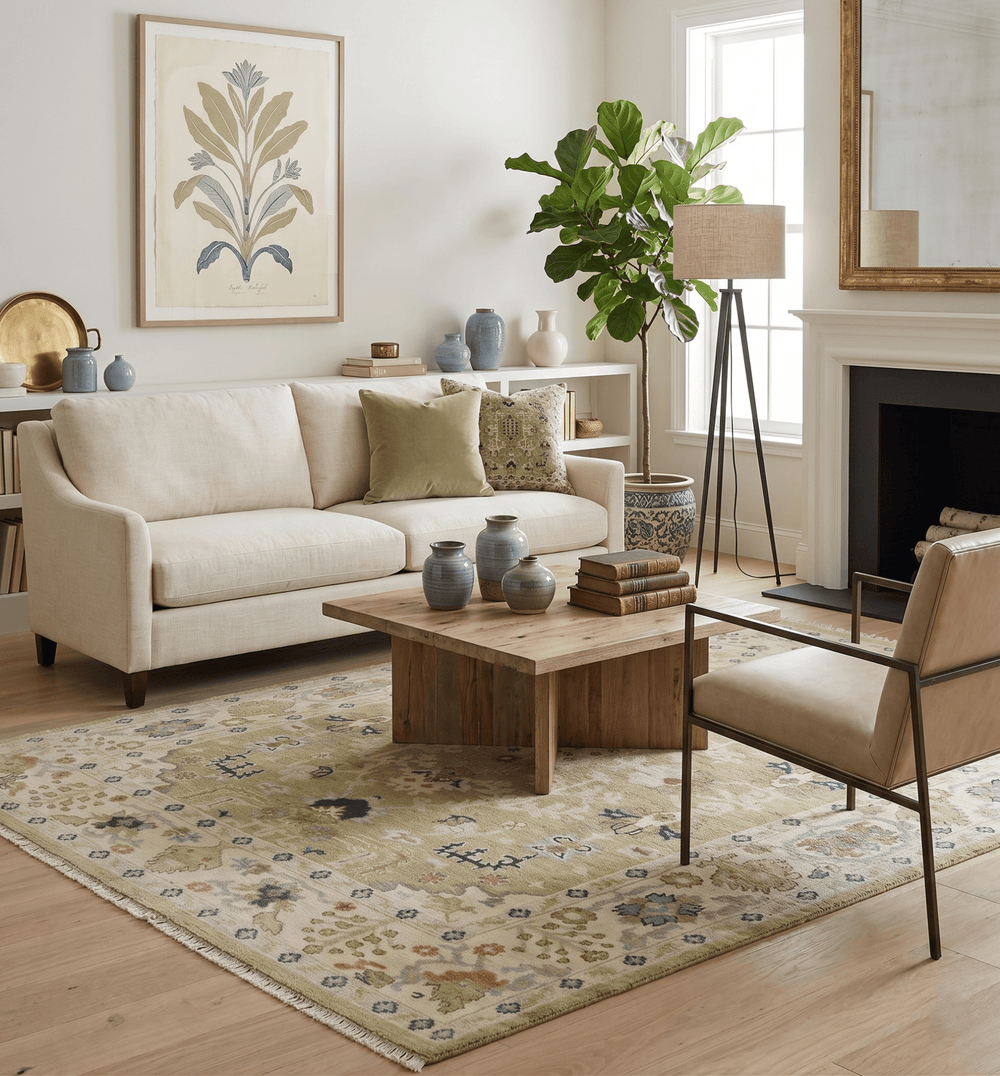 Hand Knotted Custom Made Olive, Silver and Beige Traditional Wool Rug - The Rug Decor