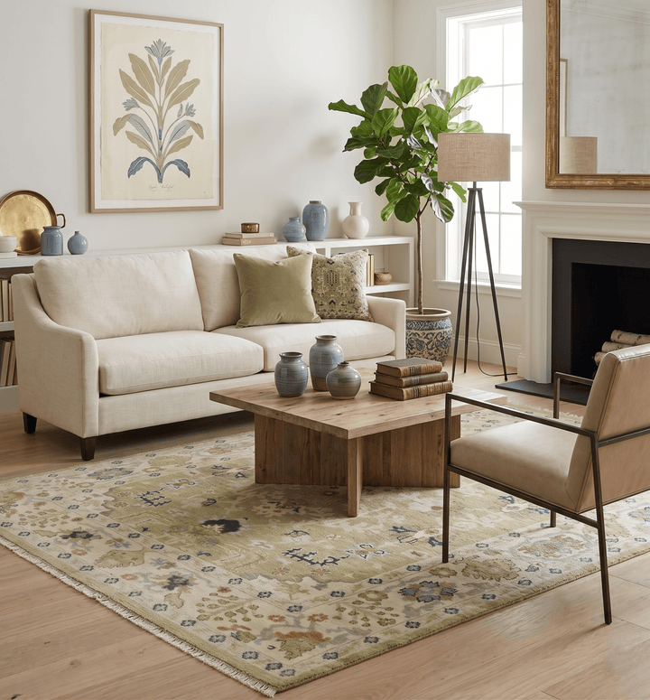 Hand Knotted Custom Made Olive, Silver and Beige Traditional Wool Rug - The Rug Decor