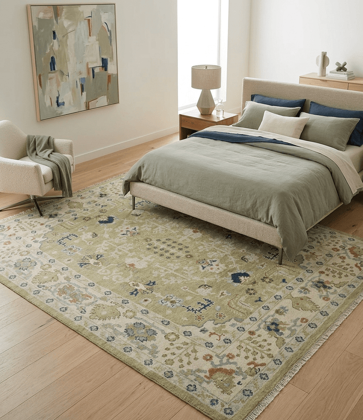 Hand Knotted Custom Made Olive, Silver and Beige Traditional Wool Rug - The Rug Decor
