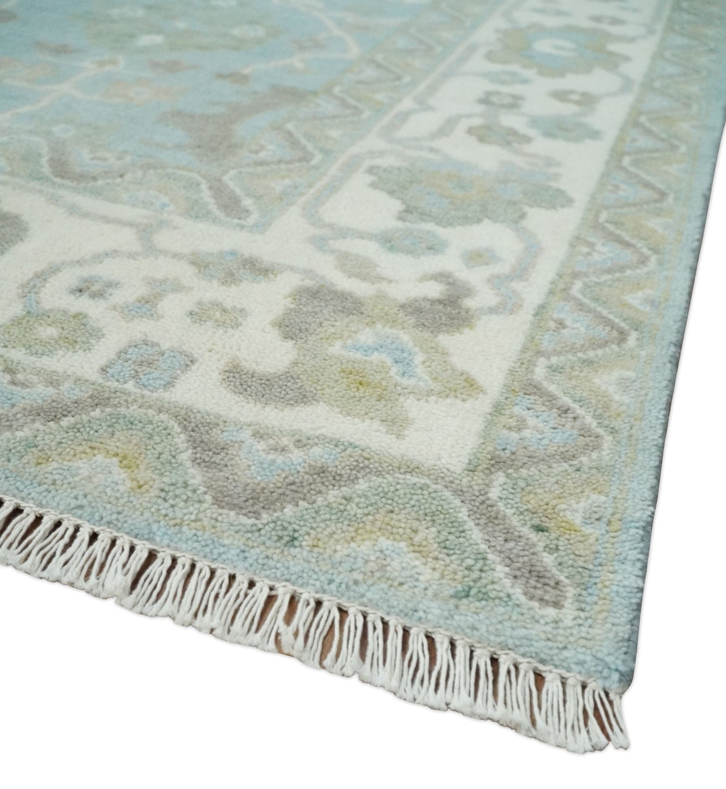 Hand Knotted Custom Made Oriental Oushak Aqua, Ivory and Beige Wool Area Rug - The Rug Decor