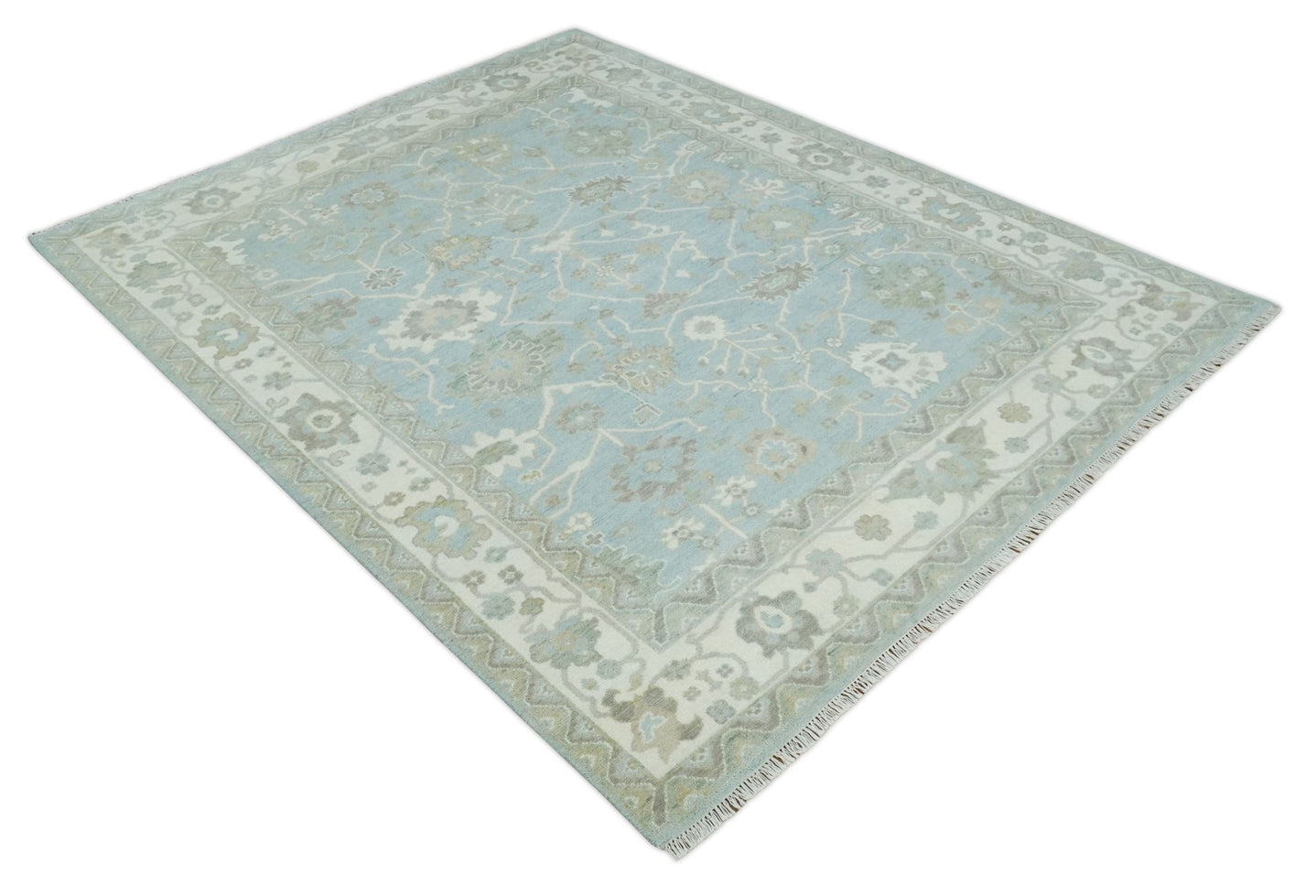 Hand Knotted Custom Made Oriental Oushak Aqua, Ivory and Beige Wool Area Rug - The Rug Decor