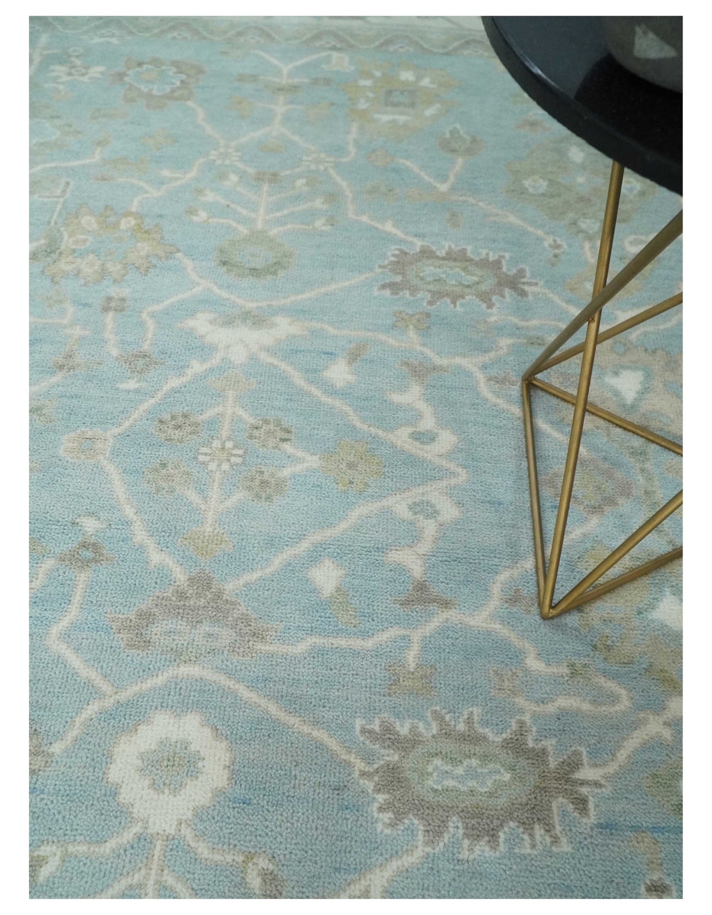 Hand Knotted Custom Made Oriental Oushak Aqua, Ivory and Beige Wool Area Rug - The Rug Decor