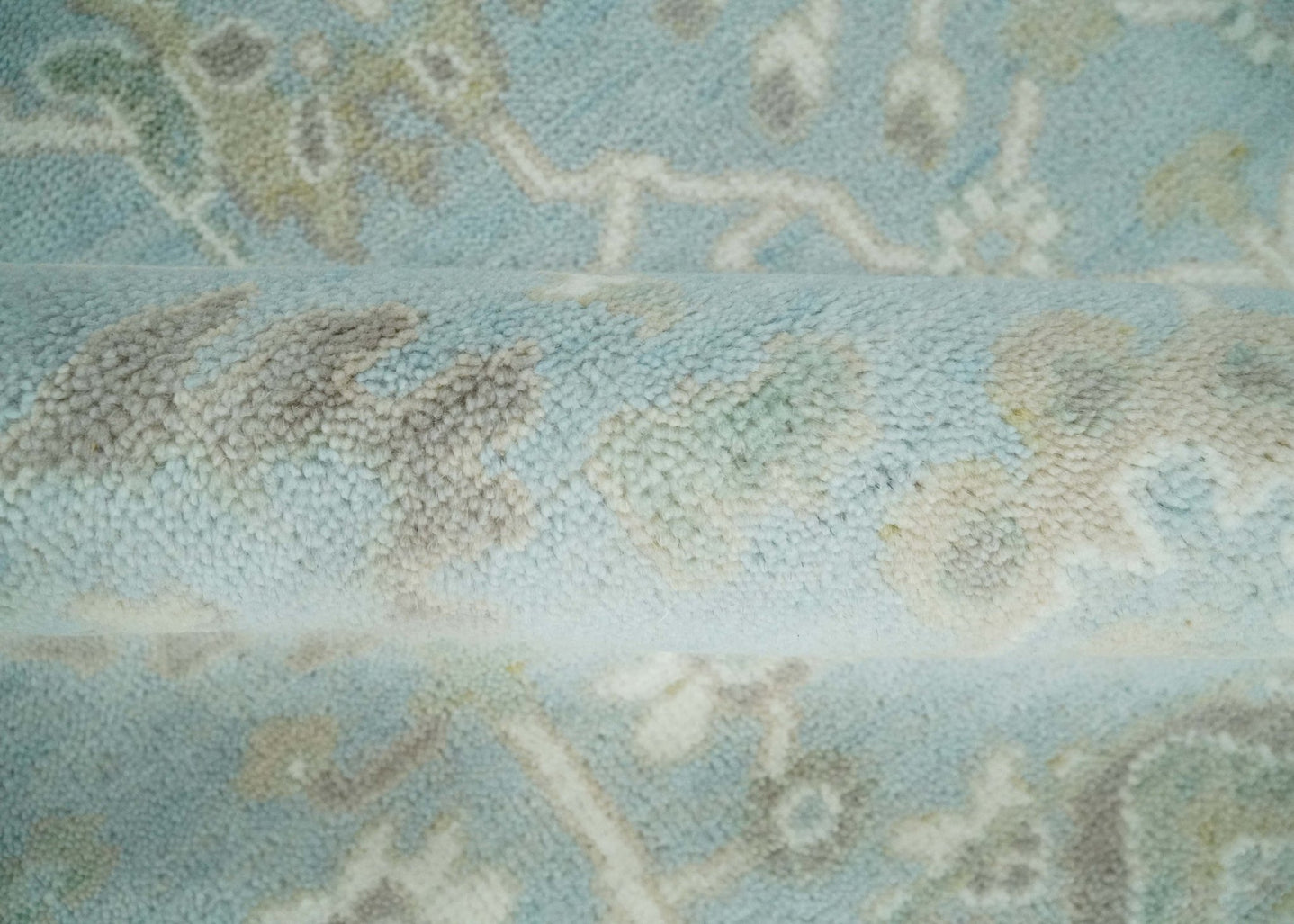 Hand Knotted Custom Made Oriental Oushak Aqua, Ivory and Beige Wool Area Rug - The Rug Decor