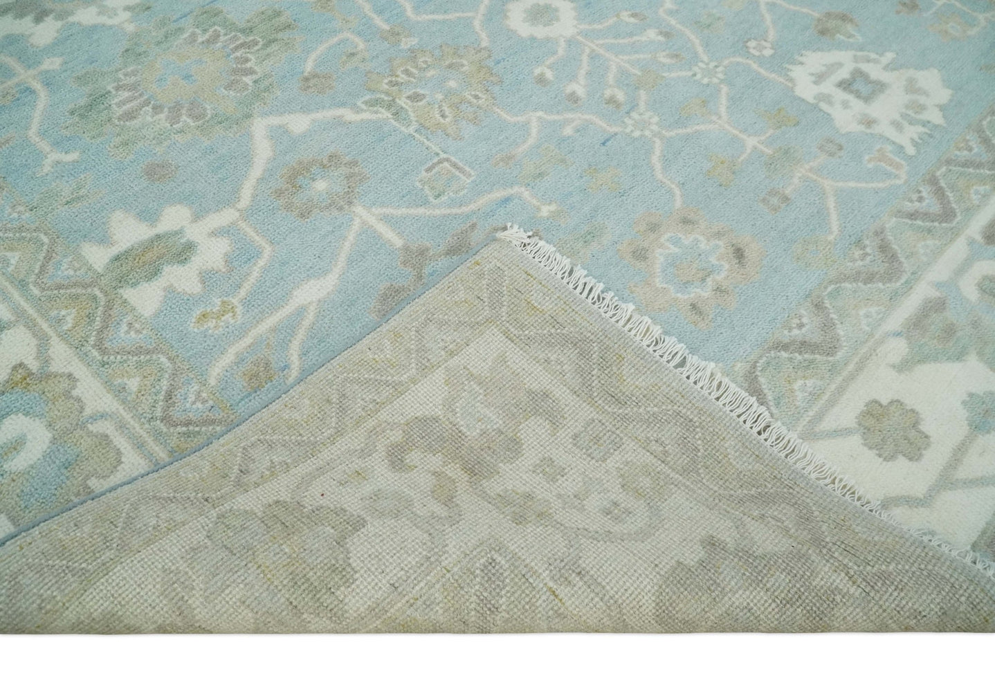 Hand Knotted Custom Made Oriental Oushak Aqua, Ivory and Beige Wool Area Rug - The Rug Decor