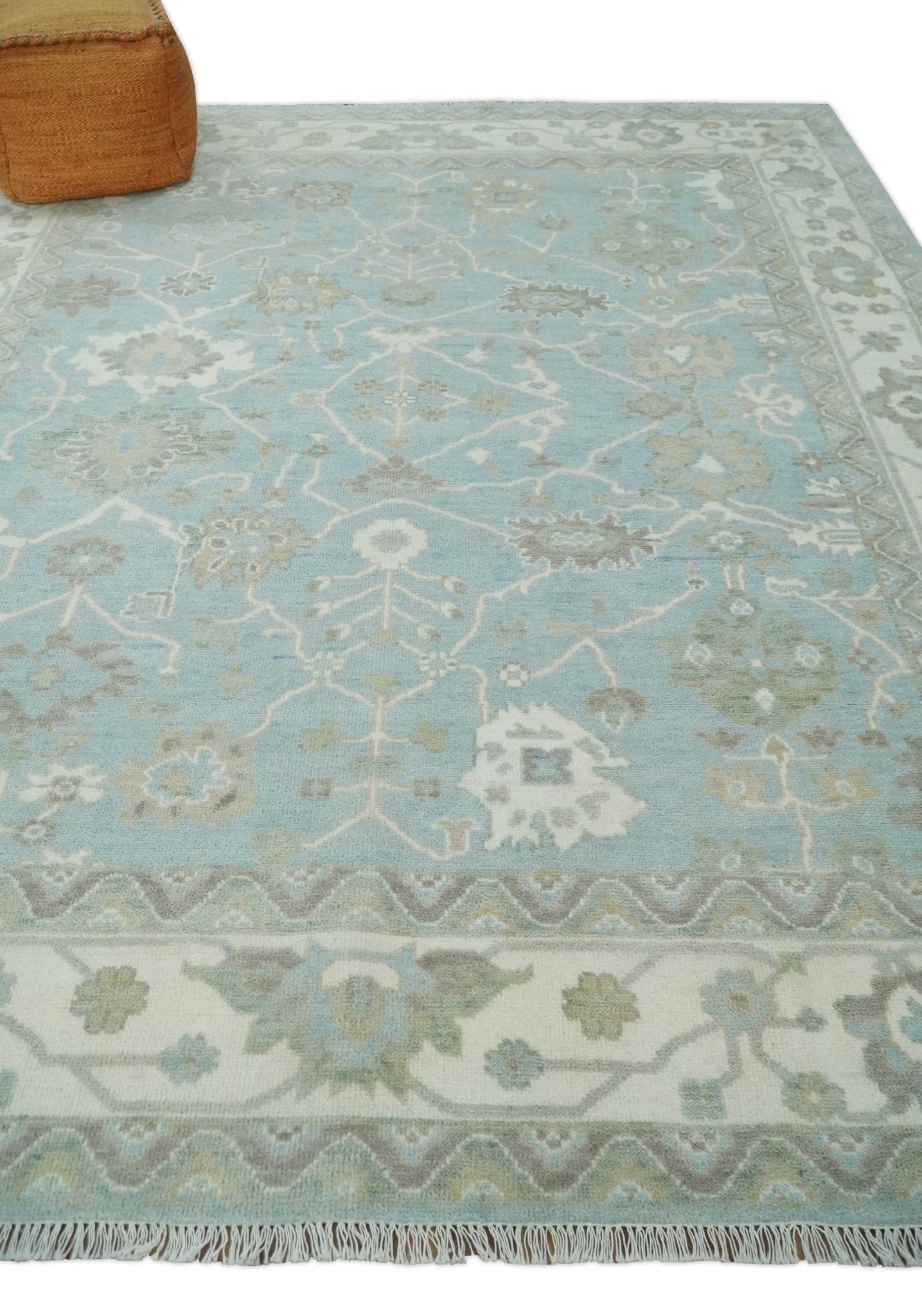 Hand Knotted Custom Made Oriental Oushak Aqua, Ivory and Beige Wool Area Rug - The Rug Decor