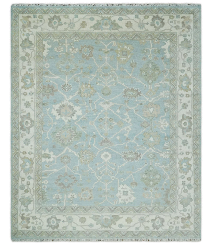 Hand Knotted Custom Made Oriental Oushak Aqua, Ivory and Beige Wool Area Rug - The Rug Decor