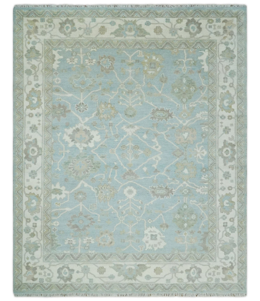 Hand Knotted Custom Made Oriental Oushak Aqua, Ivory and Beige Wool Area Rug - The Rug Decor