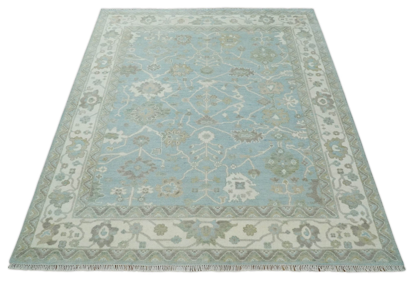 Hand Knotted Custom Made Oriental Oushak Aqua, Ivory and Beige Wool Area Rug - The Rug Decor