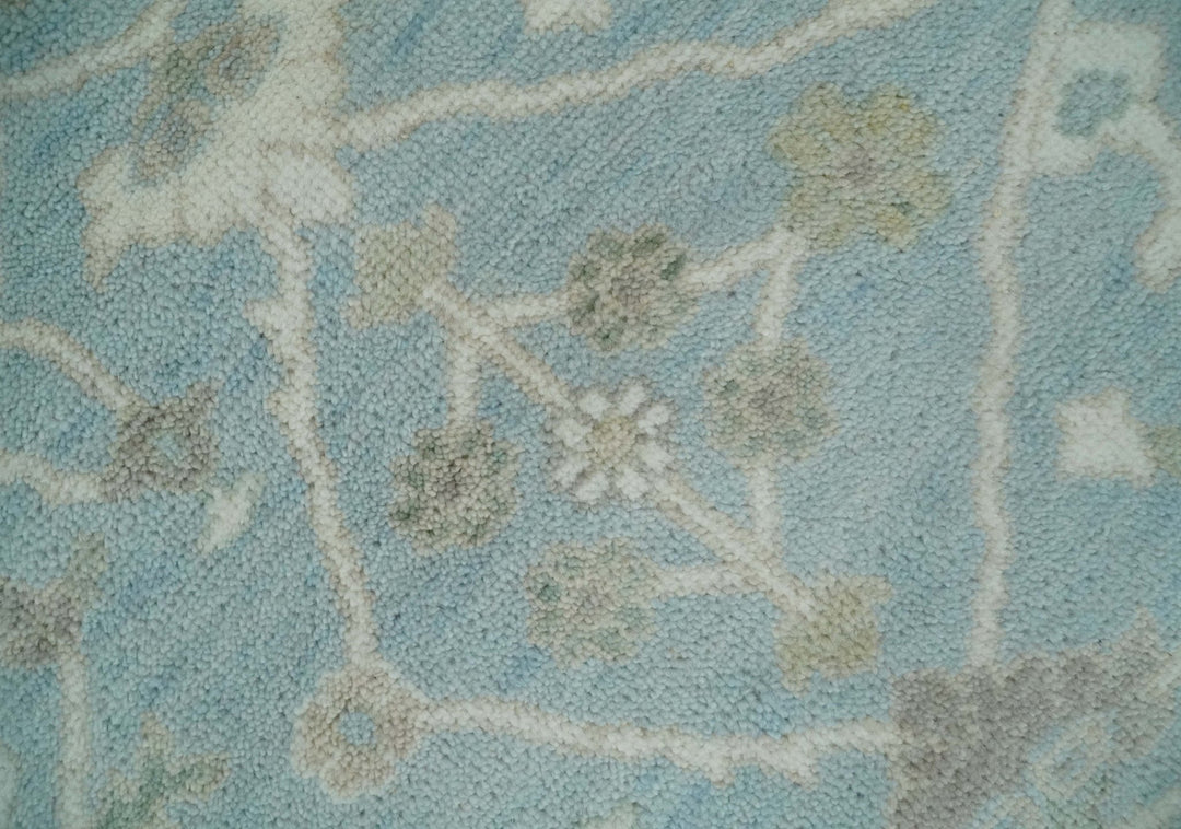 Hand Knotted Custom Made Oriental Oushak Aqua, Ivory and Beige Wool Area Rug - The Rug Decor