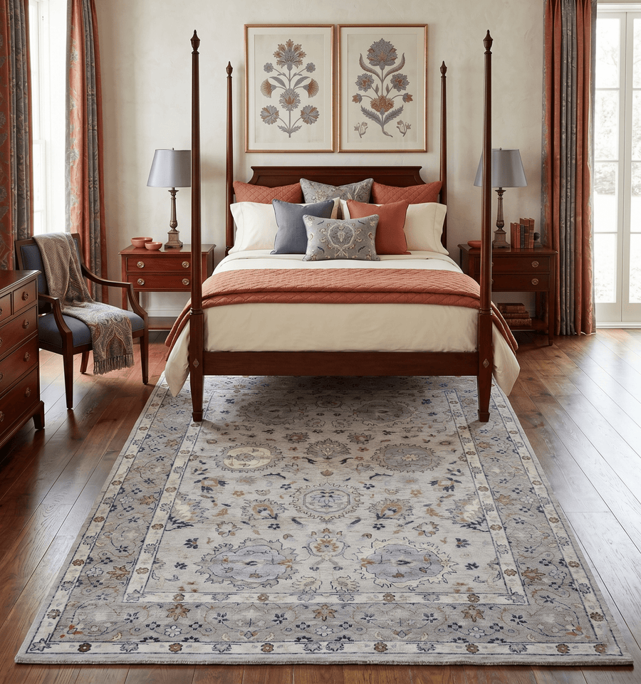 Hand Knotted Distressed Traditional 8x10 Ivory and Silver Wool Area Rug - The Rug Decor