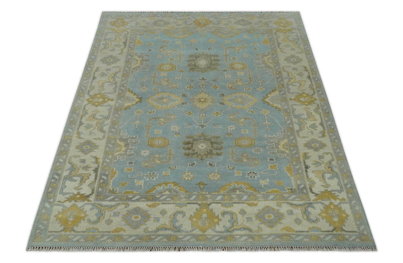 Hand Knotted Gray, Ivory and Mustard 6x8.8 Traditional Oriental Oushak wool rug - The Rug Decor