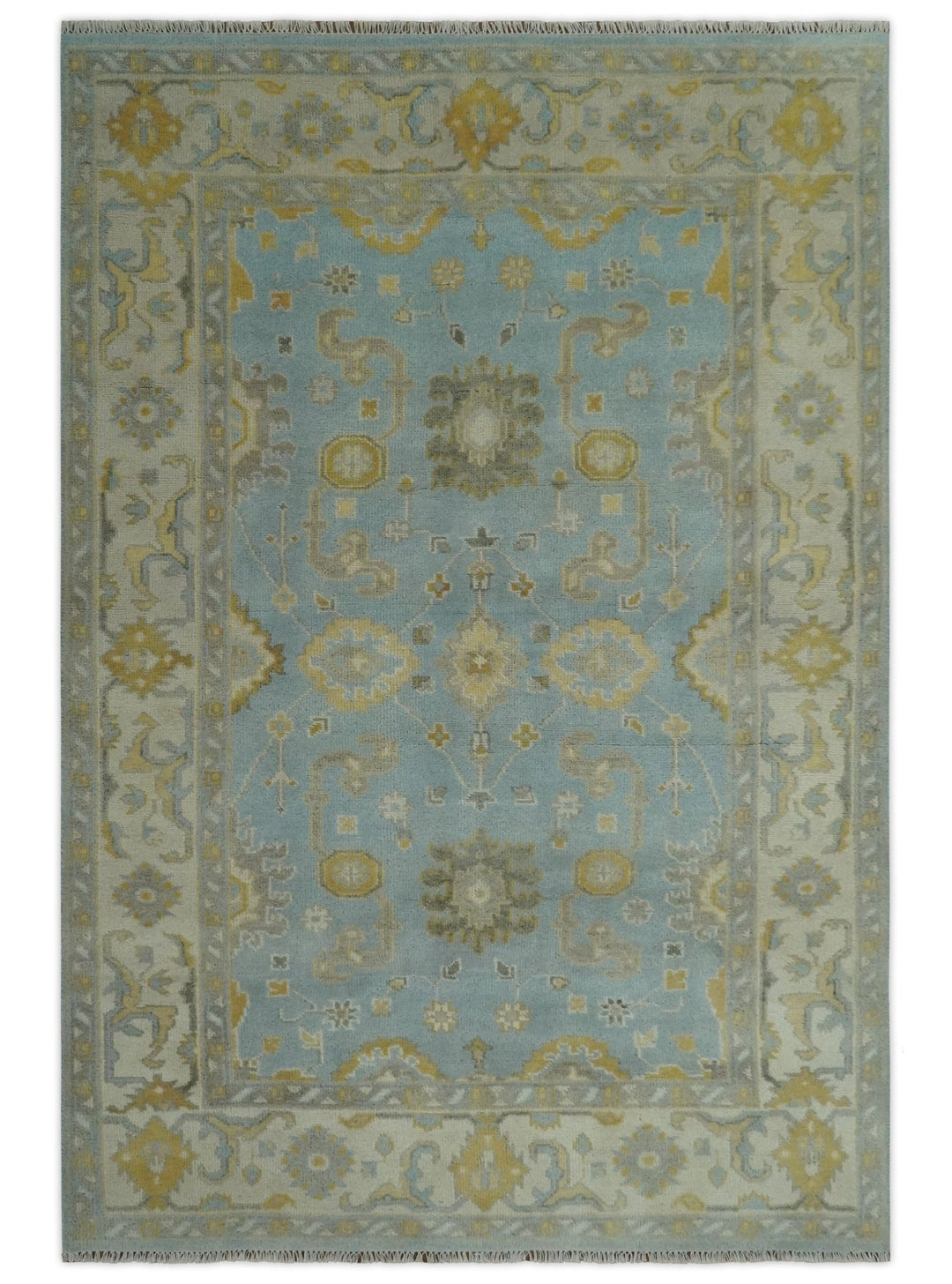 Hand Knotted Gray, Ivory and Mustard 6x8.8 Traditional Oriental Oushak wool rug - The Rug Decor