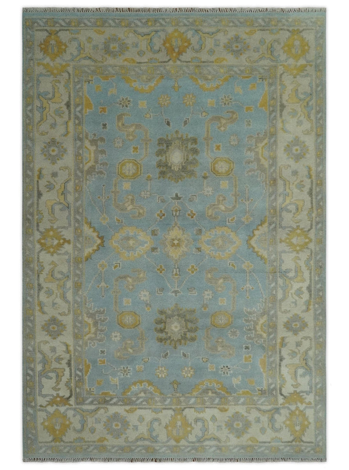 Hand Knotted Gray, Ivory and Mustard 6x8.8 Traditional Oriental Oushak wool rug - The Rug Decor