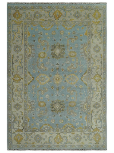 Hand Knotted Gray, Ivory and Mustard 6x8.8 Traditional Oriental Oushak wool rug - The Rug Decor