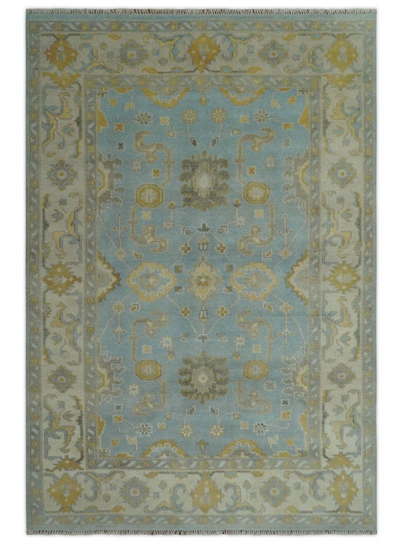 Hand Knotted Gray, Ivory and Mustard 6x8.8 Traditional Oriental Oushak wool rug - The Rug Decor