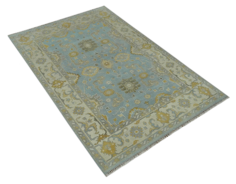 Hand Knotted Gray, Ivory and Mustard 6x8.8 Traditional Oriental Oushak wool rug - The Rug Decor