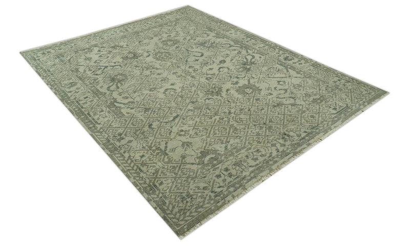 Hand Knotted Gray, Muted Green And Beige transitional 8x10 Wool Area Rug - The Rug Decor