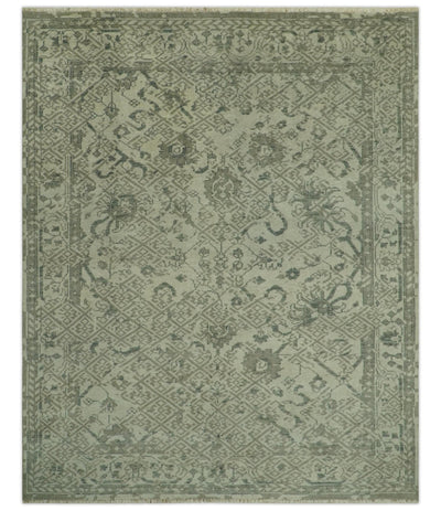 Hand Knotted Gray, Muted Green And Beige transitional 8x10 Wool Area Rug - The Rug Decor