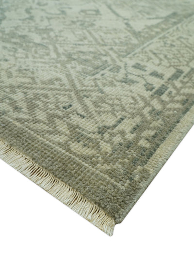 Hand Knotted Gray, Muted Green And Beige transitional 8x10 Wool Area Rug - The Rug Decor