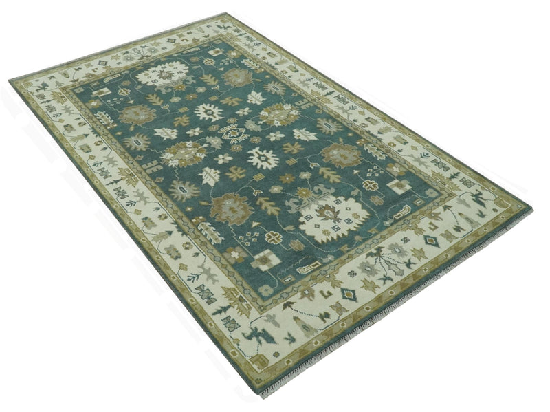 Hand Knotted Green and Ivory 6x9 Traditional Oushak wool area rug - The Rug Decor