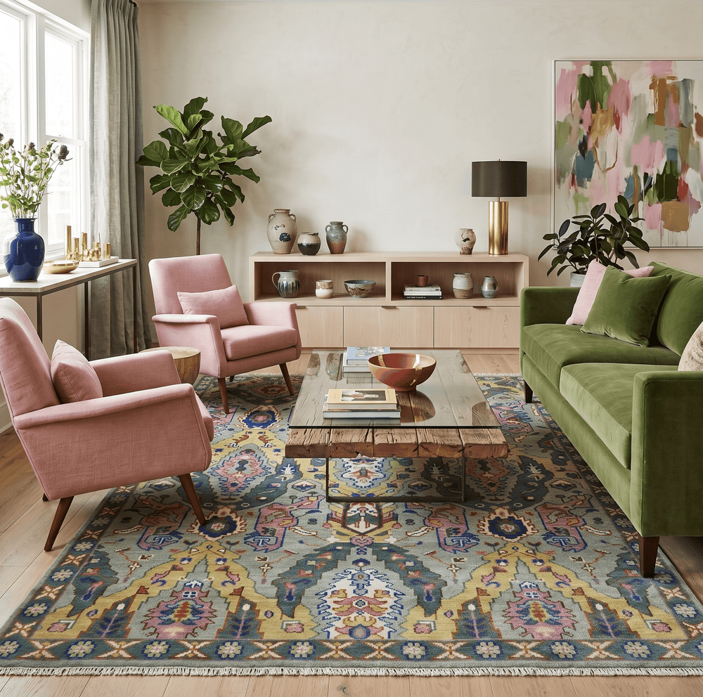 Hand knotted Green And Pink Traditional large design Custom Made wool Area Rug - The Rug Decor