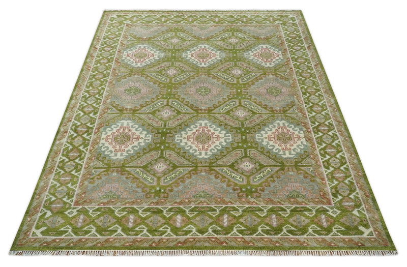 Hand Knotted Green, Ivory and Silver Oriental Traditional Multi Size Wool Area Rug - The Rug Decor