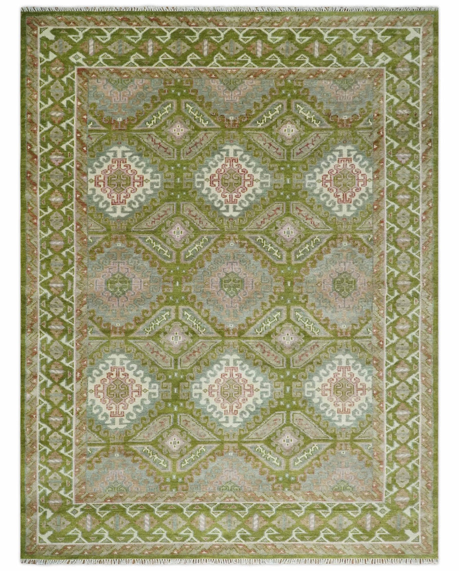 Hand Knotted Green, Ivory and Silver Oriental Traditional Multi Size Wool Area Rug - The Rug Decor