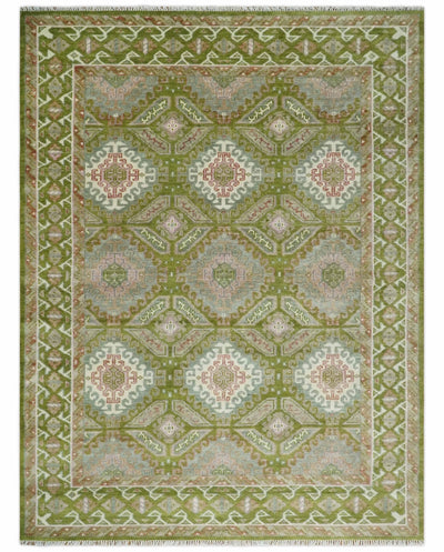 Hand Knotted Green, Ivory and Silver Oriental Traditional Multi Size Wool Area Rug - The Rug Decor