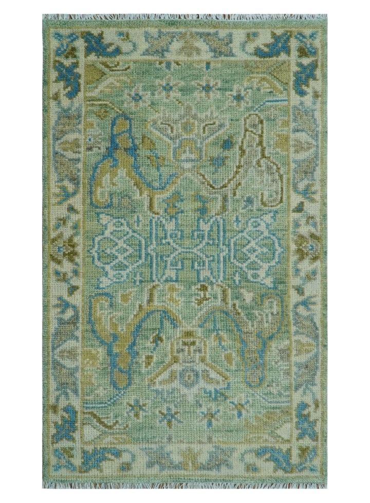 Hand Knotted Green, Olive and Teal Traditional Dragon Oushak Design 3x5 wool rug - The Rug Decor